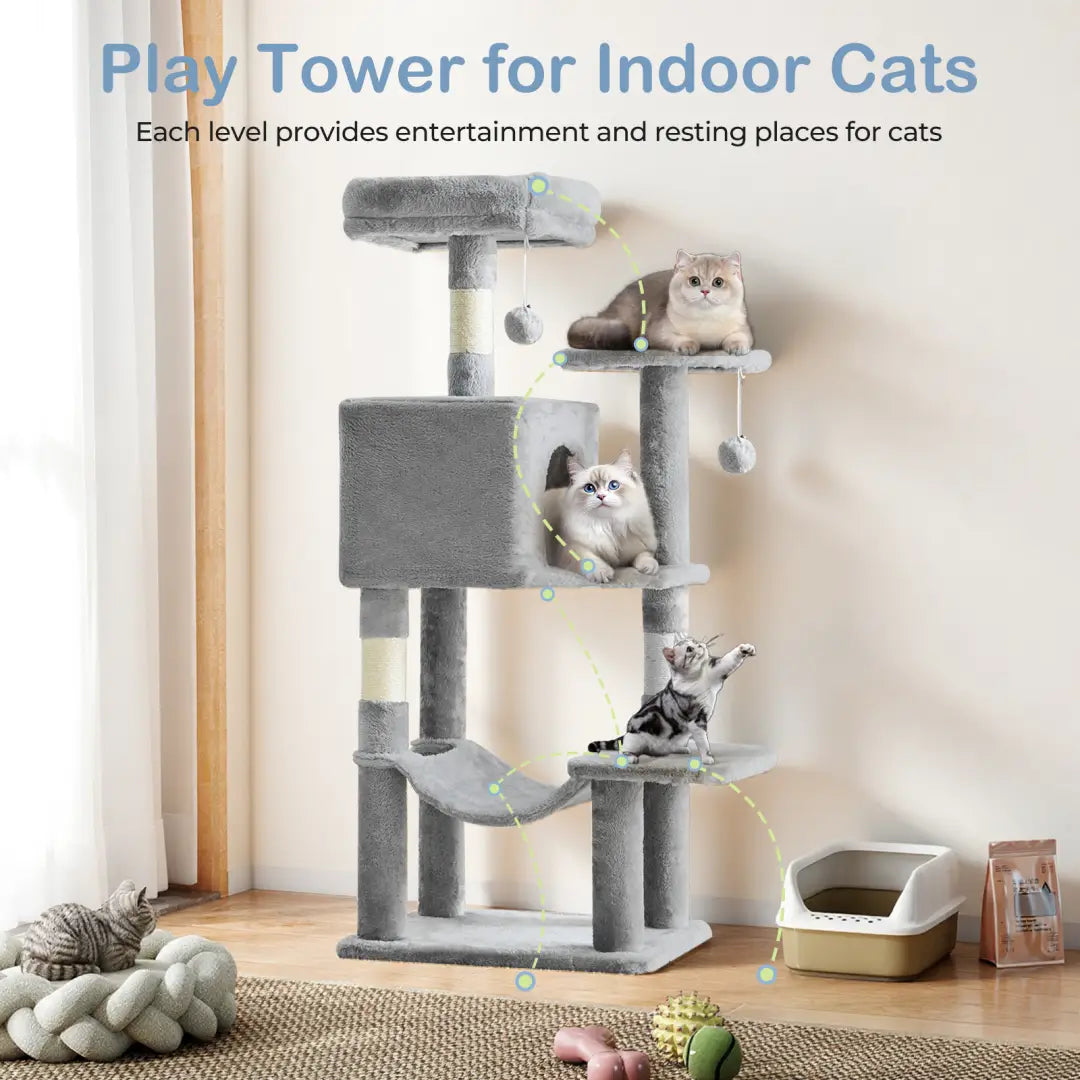 Gray plush 44 inch multi-level cat tree tower featuring multiple platforms and sisal scratching posts for indoor cat play.