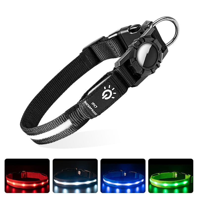 Collar para perros negro con LED, con tira reflectante y hebilla ajustable, fabricado en nailon para el seguimiento impermeable del Airtag.