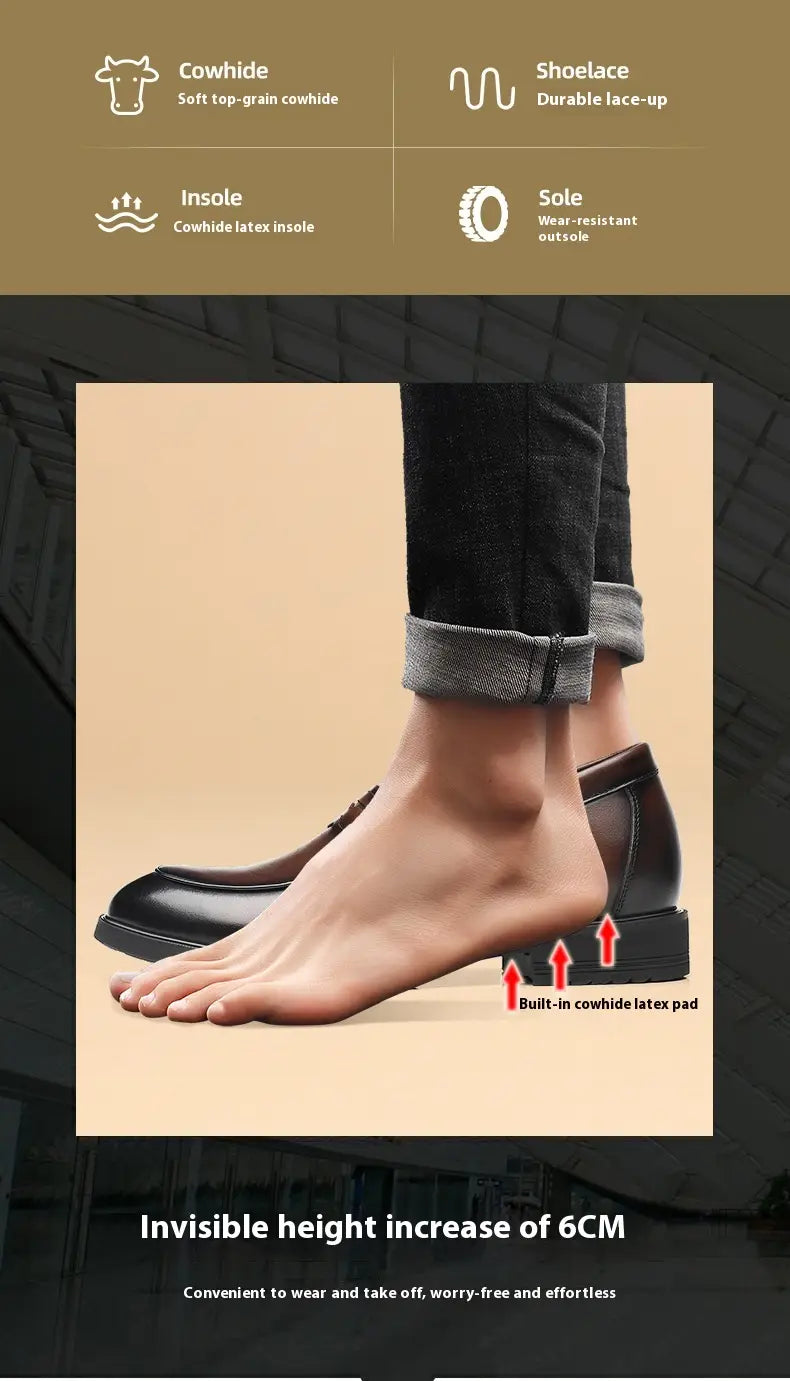 Men’s brown cowhide leather height increasing formal loafer with polished finish and black rubber sole.