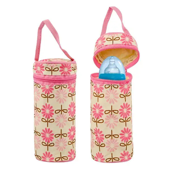 pink floral-patterned insulated bottle carrier with zipper closure and handle from 5 piece bear appliqué baby diaper travel bag set