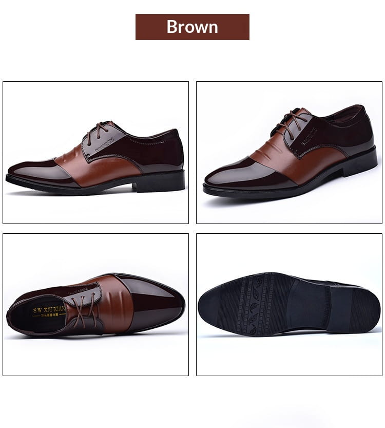 Herrenü Oxford-Ledershice im britischen Stil mit zweifarbigem Leder in Braun und Dunkelbraun sowie glanzvoller Oberfläche.