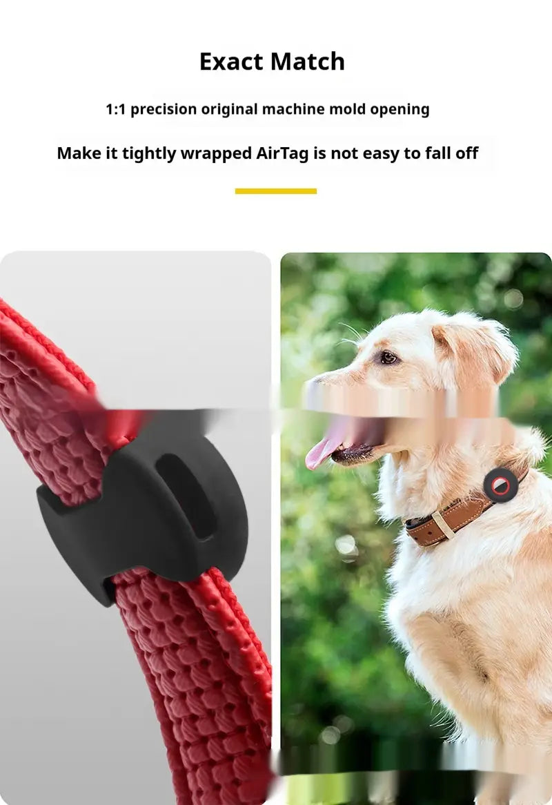red woven dog leash with black plastic clip designed for use with airtag silicone pet collar tracker protective case.