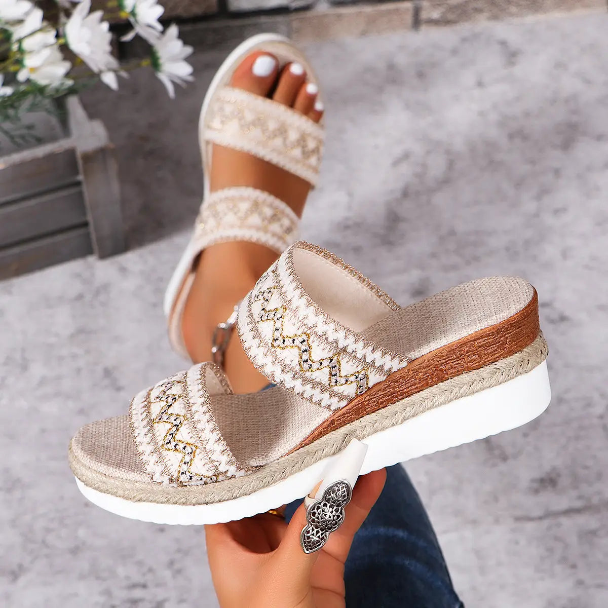 beige woven wavy pattern ethnic wedge espadrille sandals for women with gold zigzag embroidered straps
