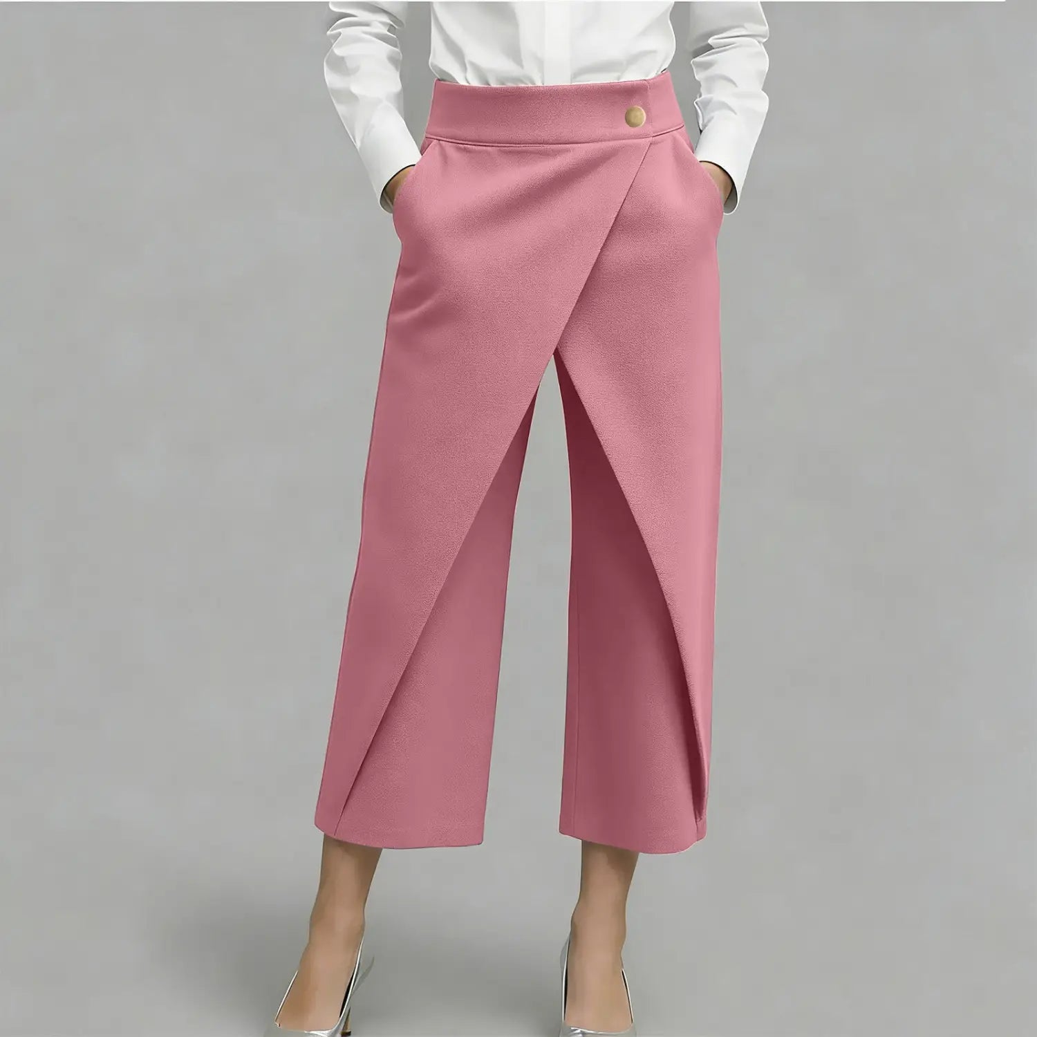 High-Waist-Wide-Leg-Hosen in Rosa mit drapiertem Design und einem Knopf am Bund.