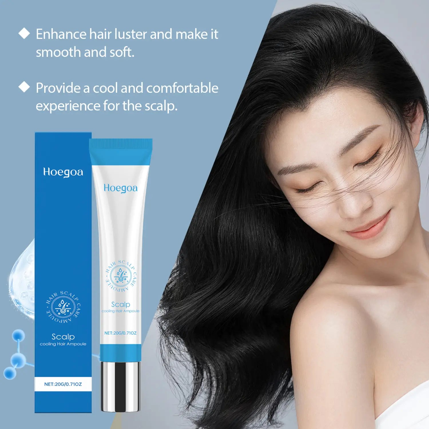 Hoegoa scalp cooling hair ampoule vitamin B5 repairing essence in a sleek white and blue tube with a silver cap.