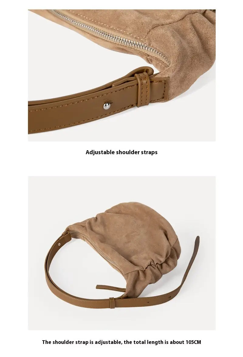 Tan suede dumpling shoulder bag with slouchy crossbody hobo design and adjustable brown leather straps.