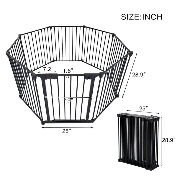 Black metal baby safety gate with foldable design and adjustable panels for use as a play yard.