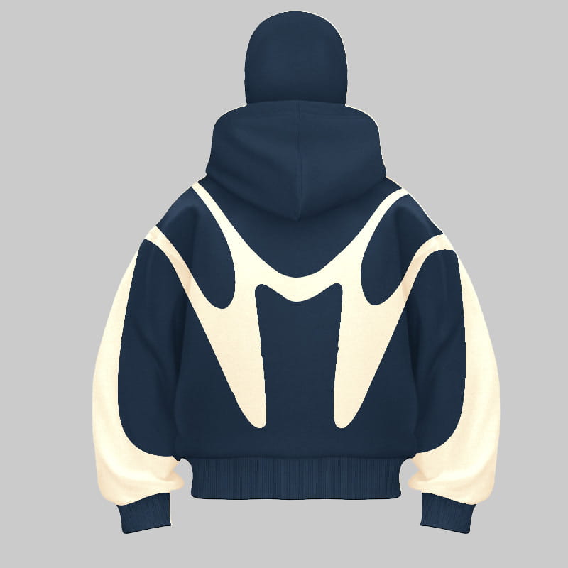 Veste zippée à capuche cagoule à graphisme de flamme bleu marine et crème, montrant le dos avec un design abstrait blanc audacieux.