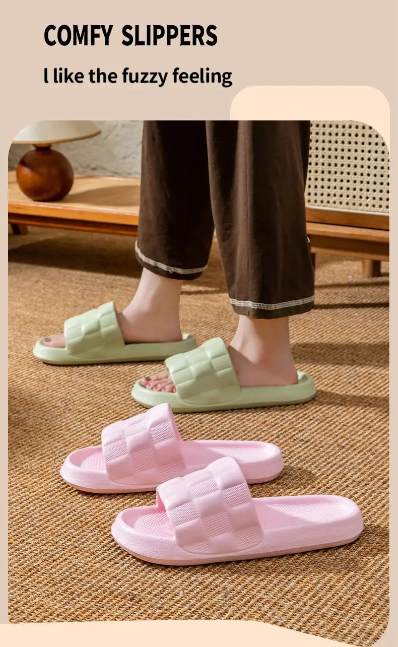 Soft mint and pink quilted eva soft sole breathable slide sandals with fuzzy texture and quilted strap design.