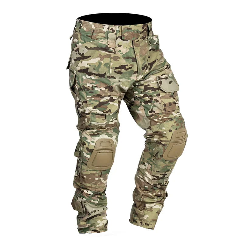 Tactical camouflage cargo pants for men in mossy oak design feature reinforced knee pads and multiple cargo pockets for durability and utility.