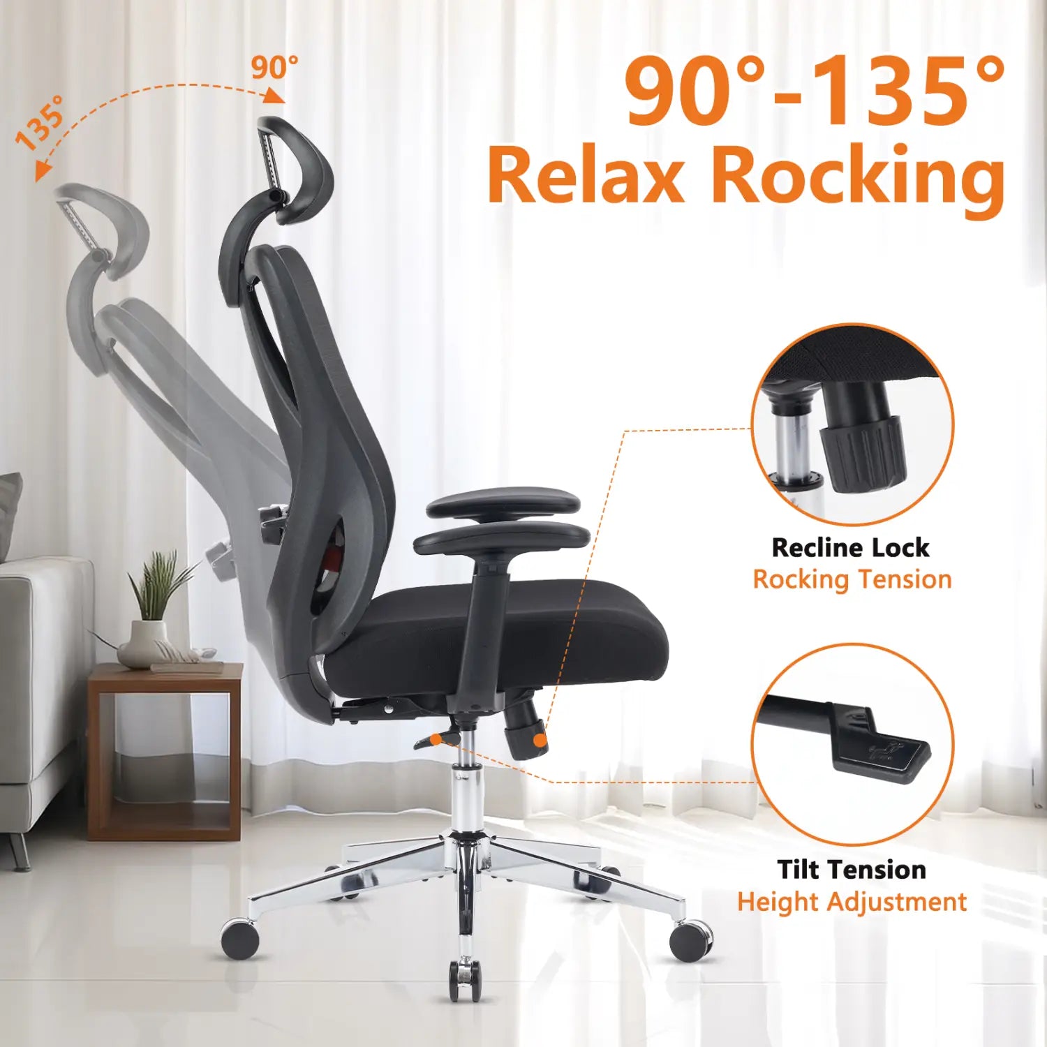 Black ergonomic mesh office chair with padded seat, adjustable tilt tension, recline lock mechanisms, and adjustable headrest shown from the back side.