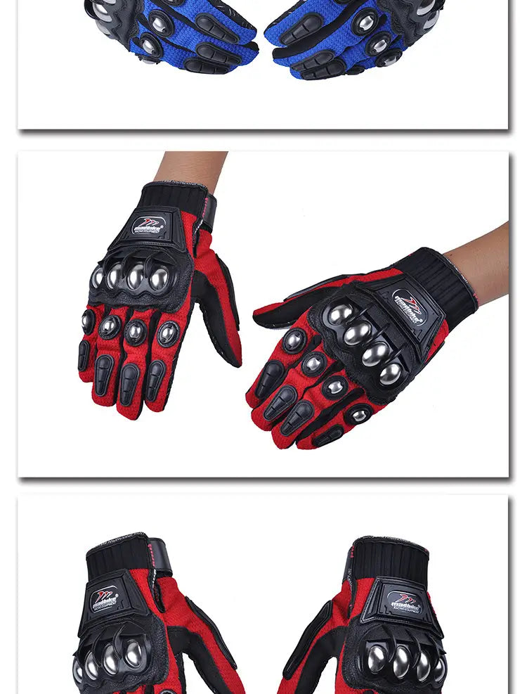 red and black alloy knuckle motorcycle riding gloves unisex showing the back side with reinforced silver colored protective domes on the knuckles