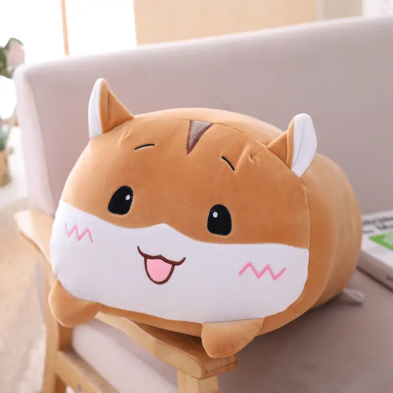 Cute tan and white plush animal pillow featuring soft cartoon cat design with embroidered black eyes pink zigzag cheeks smiling tongue and small triangular ears for kids.
