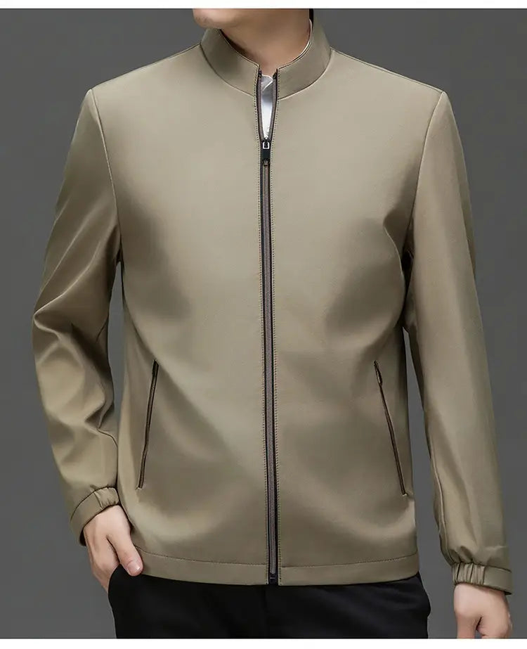 Beige men casual polo bomber jacket with stand-up collar, full-length zipper, and elastic cuffs.