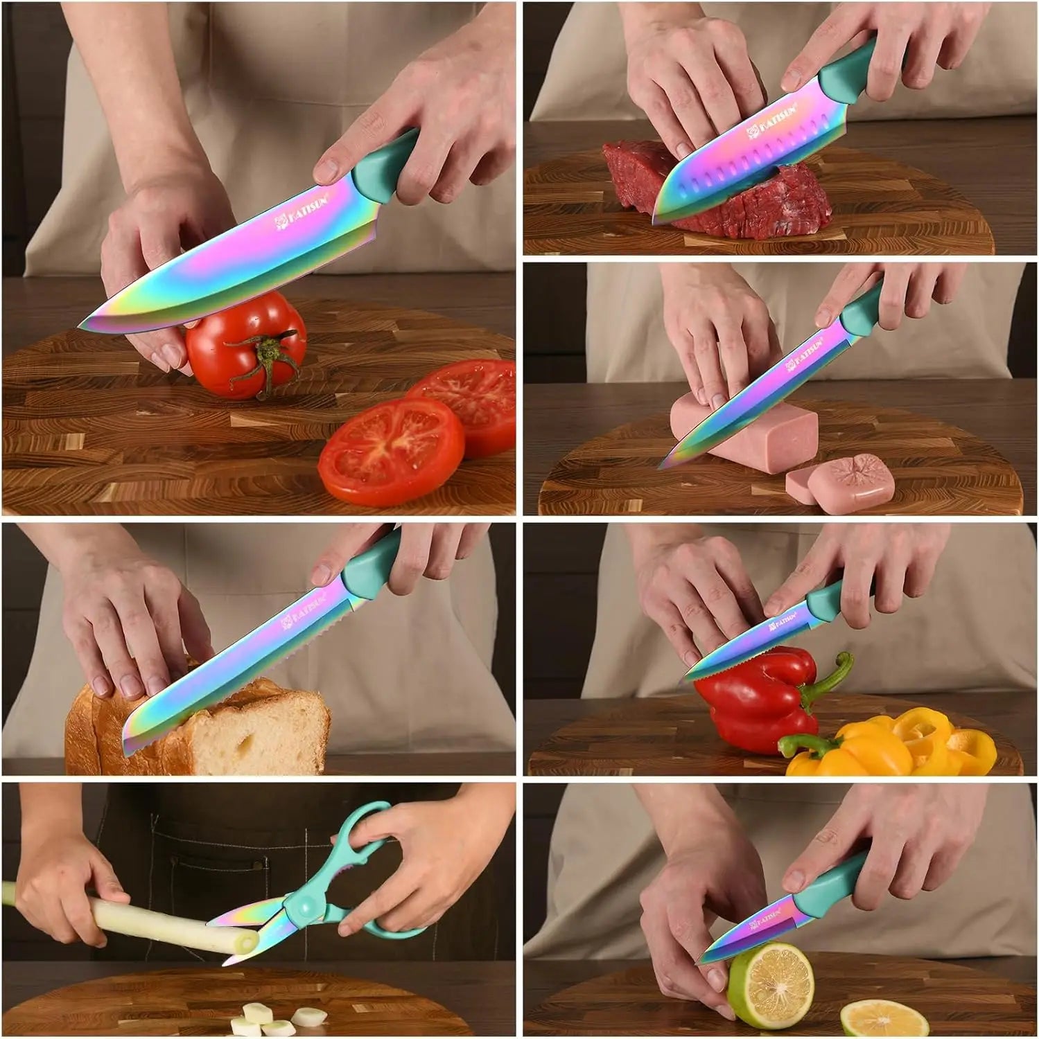 Cuchillo cerámico con acabado arcoíris, mango color turquesa y marca Salina, del set de cuchillos arcoíris de acero inoxidable azul de 13 piezas.