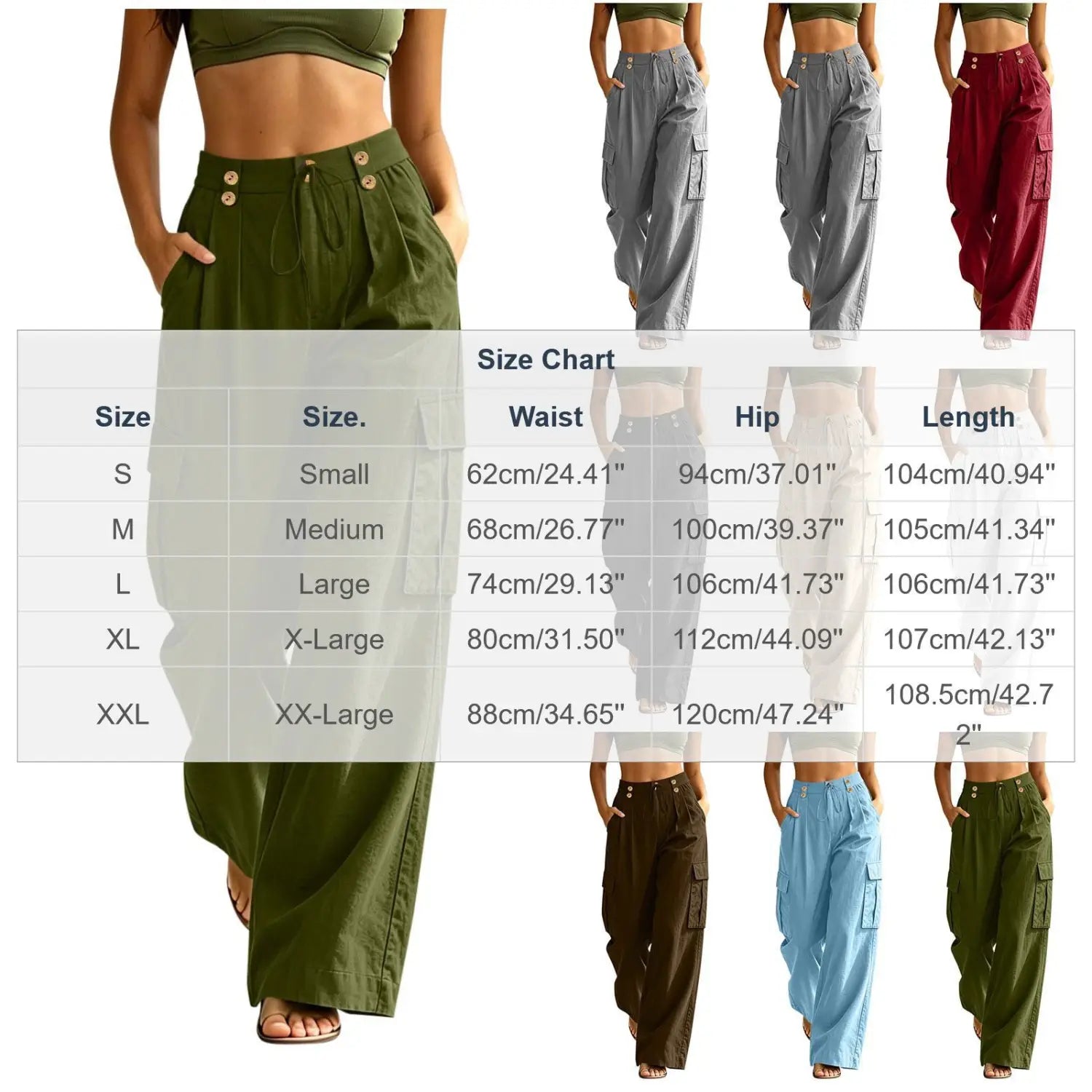 Pantalons cargo taille haute vert olive pour femmes avec fermetures par boutons, poches latérales, taille élastique et matériau en coton, adaptés aux tenues décontractées