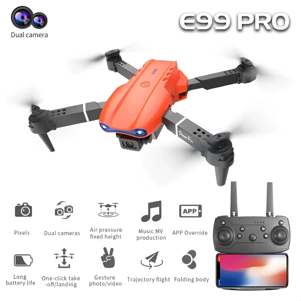Orange and black e99 pro dual camera foldable drone with led lights shown from the back side