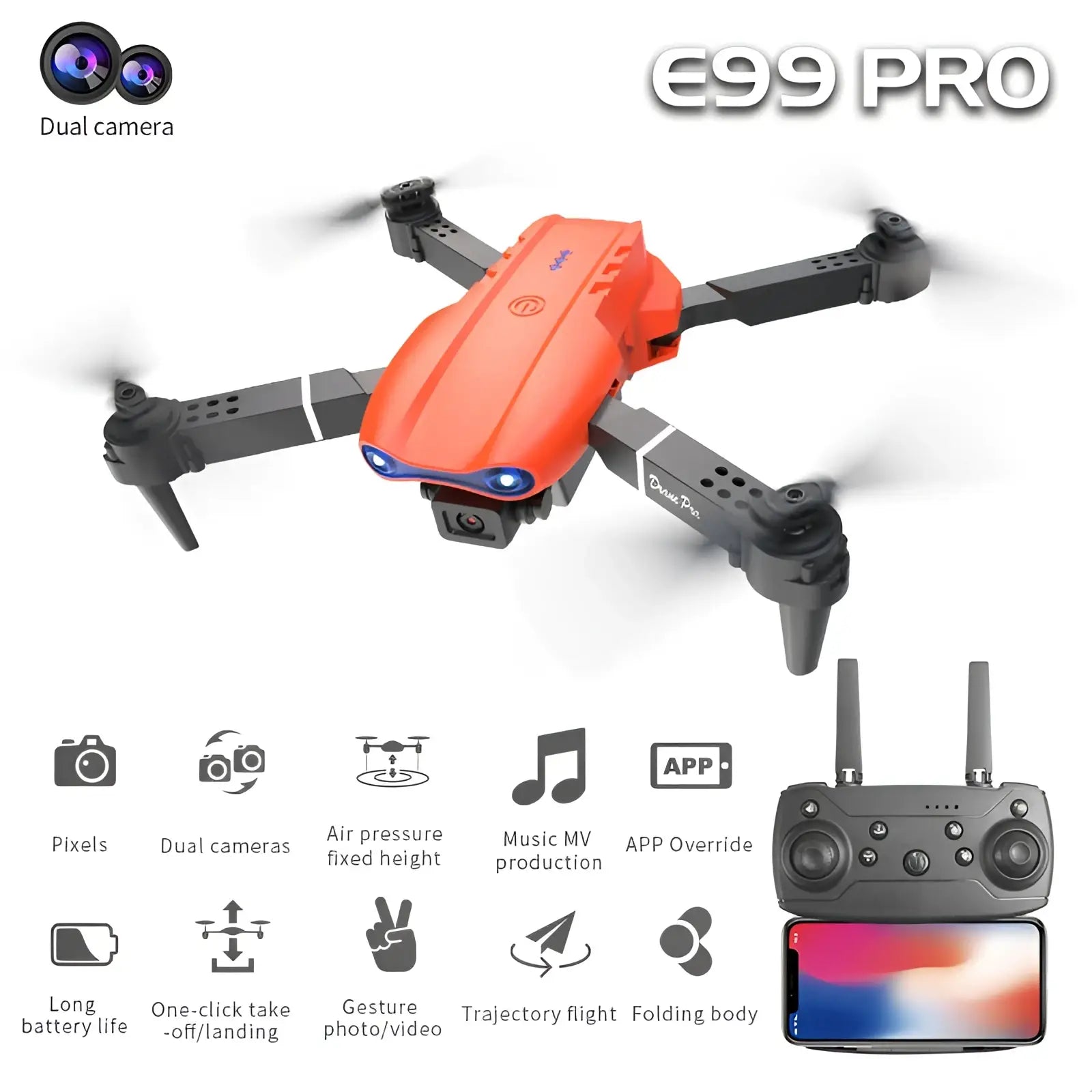 Orange and black e99 pro dual camera foldable drone with led lights shown from the back side
