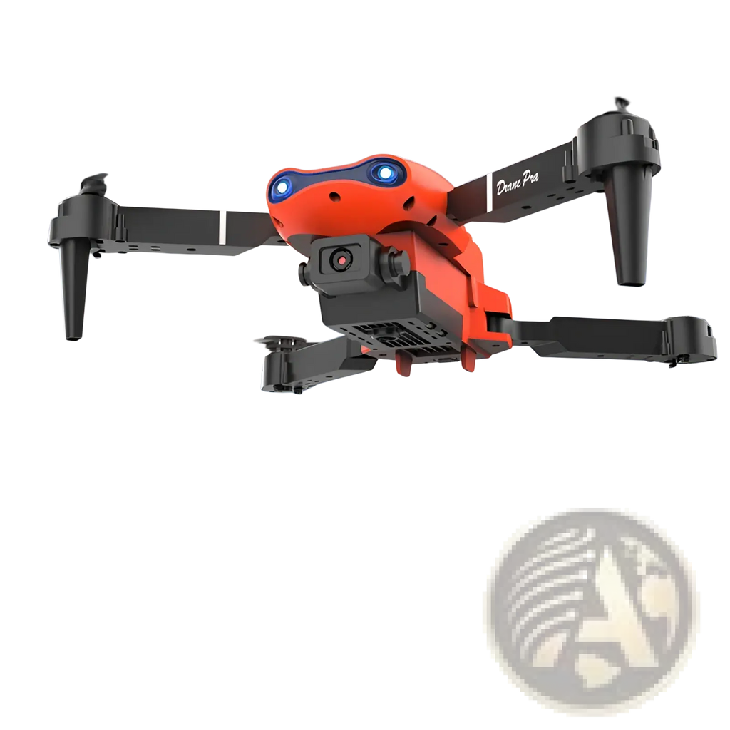 Orange and black e99 pro dual camera foldable drone with led lights shown from the back side