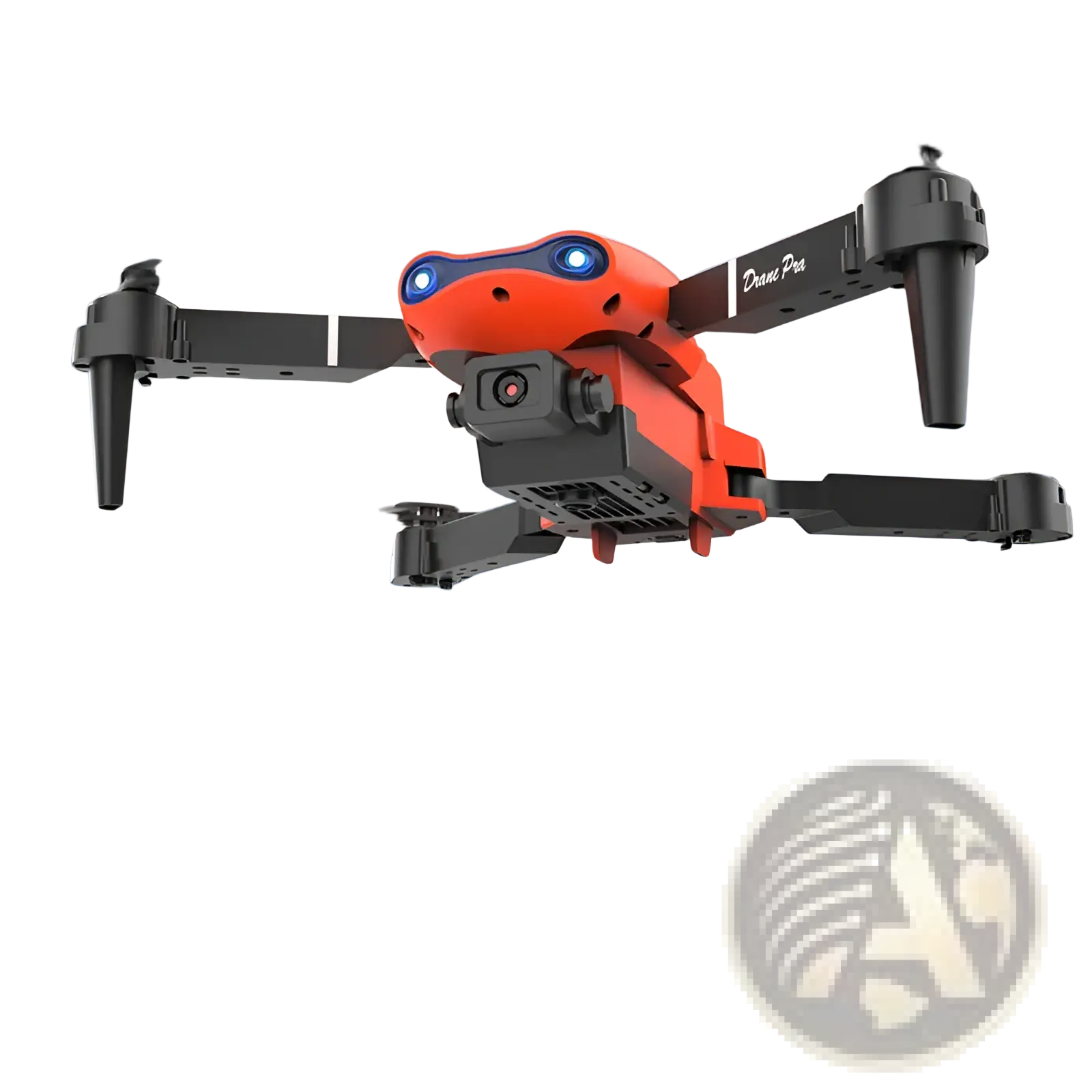 Orange and black e99 pro dual camera foldable drone with led lights shown from the back side