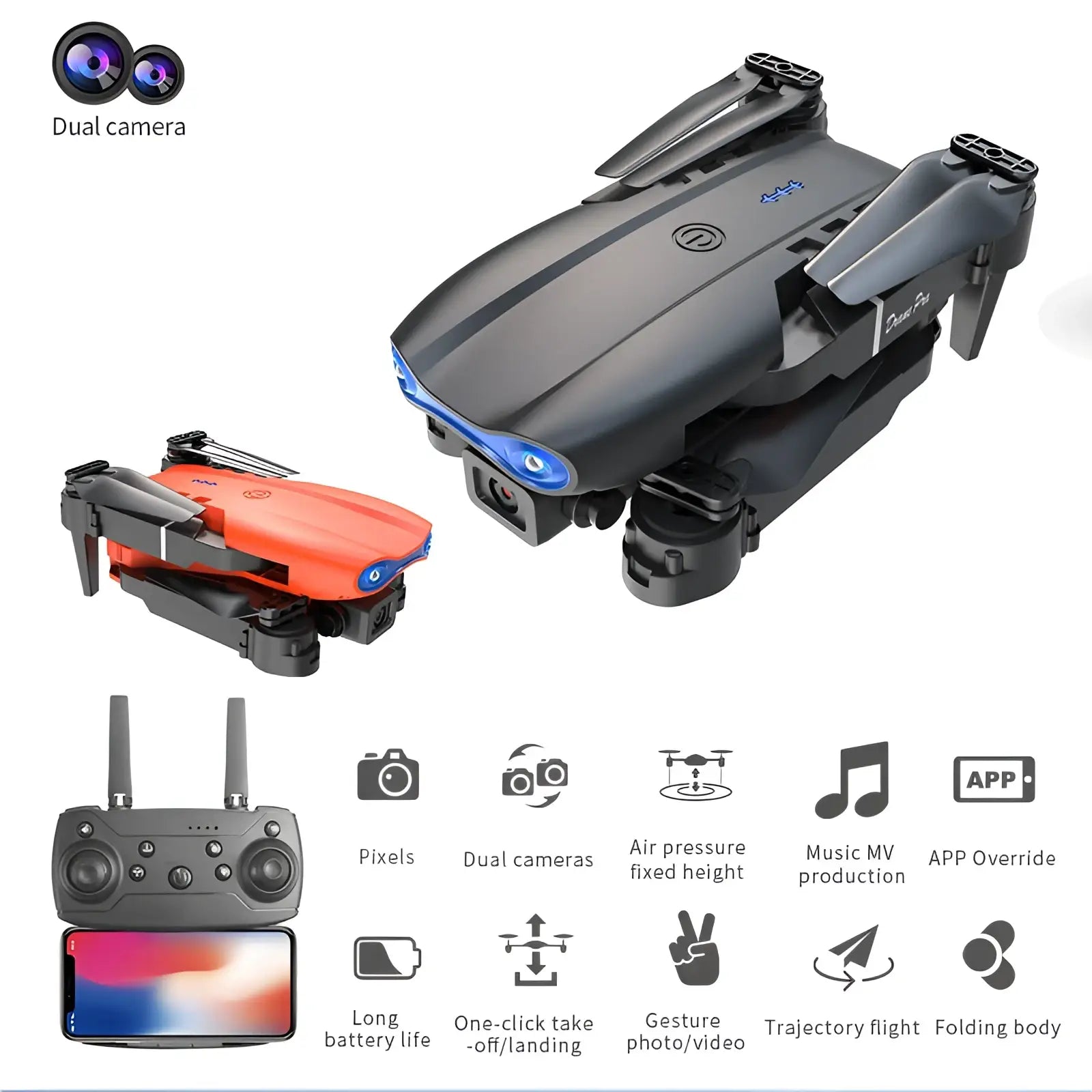 E99 Pro dual camera foldable drone with black and orange plastic body and blue led lights