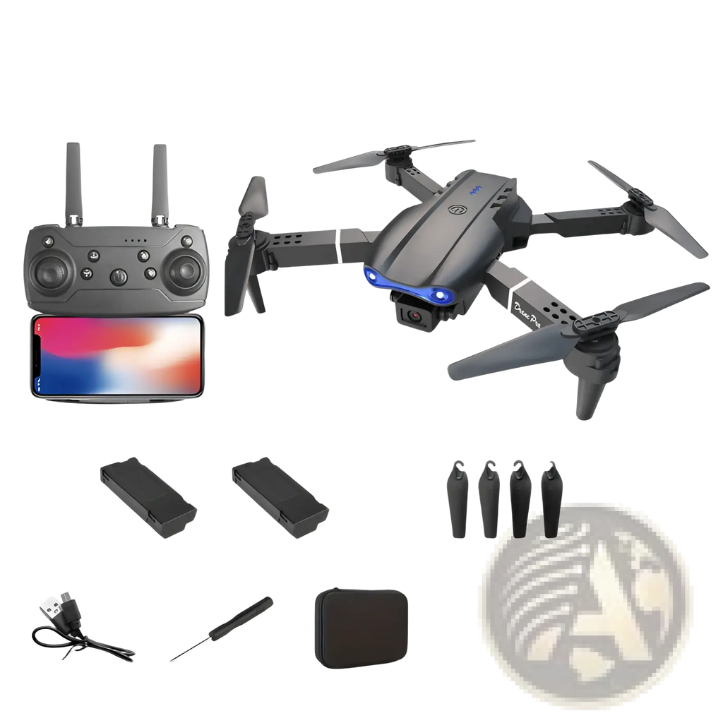 E99 Pro dual camera foldable drone in black with blue led lights and a sleek foldable design shown from the back side