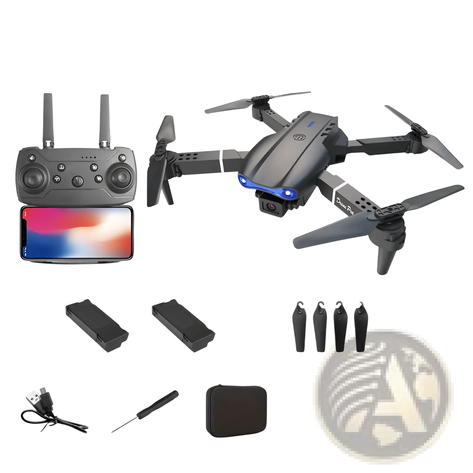 E99 Pro dual camera foldable drone in black with blue led lights and a sleek foldable design shown from the back side