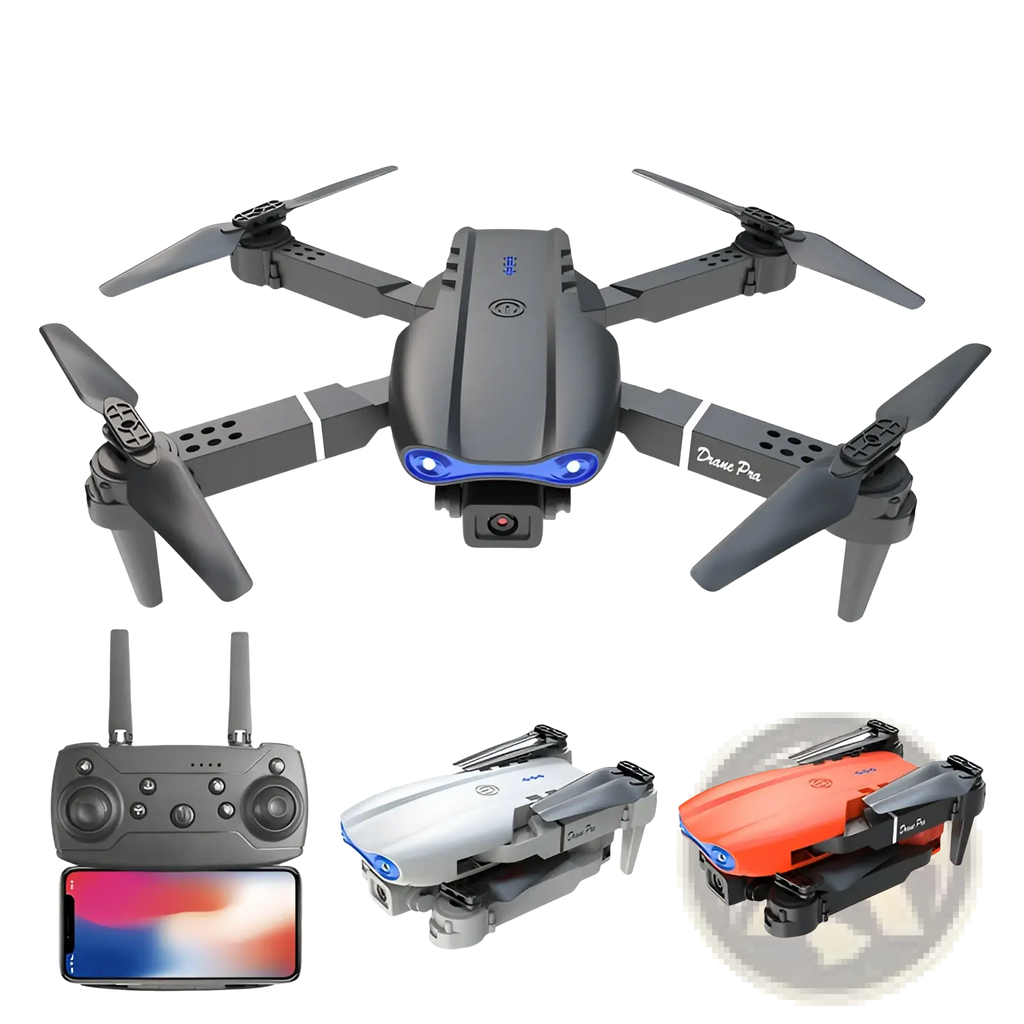 E99 pro dual camera foldable drone with led lights in black and gray featuring blue leds and dual cameras visible from the back