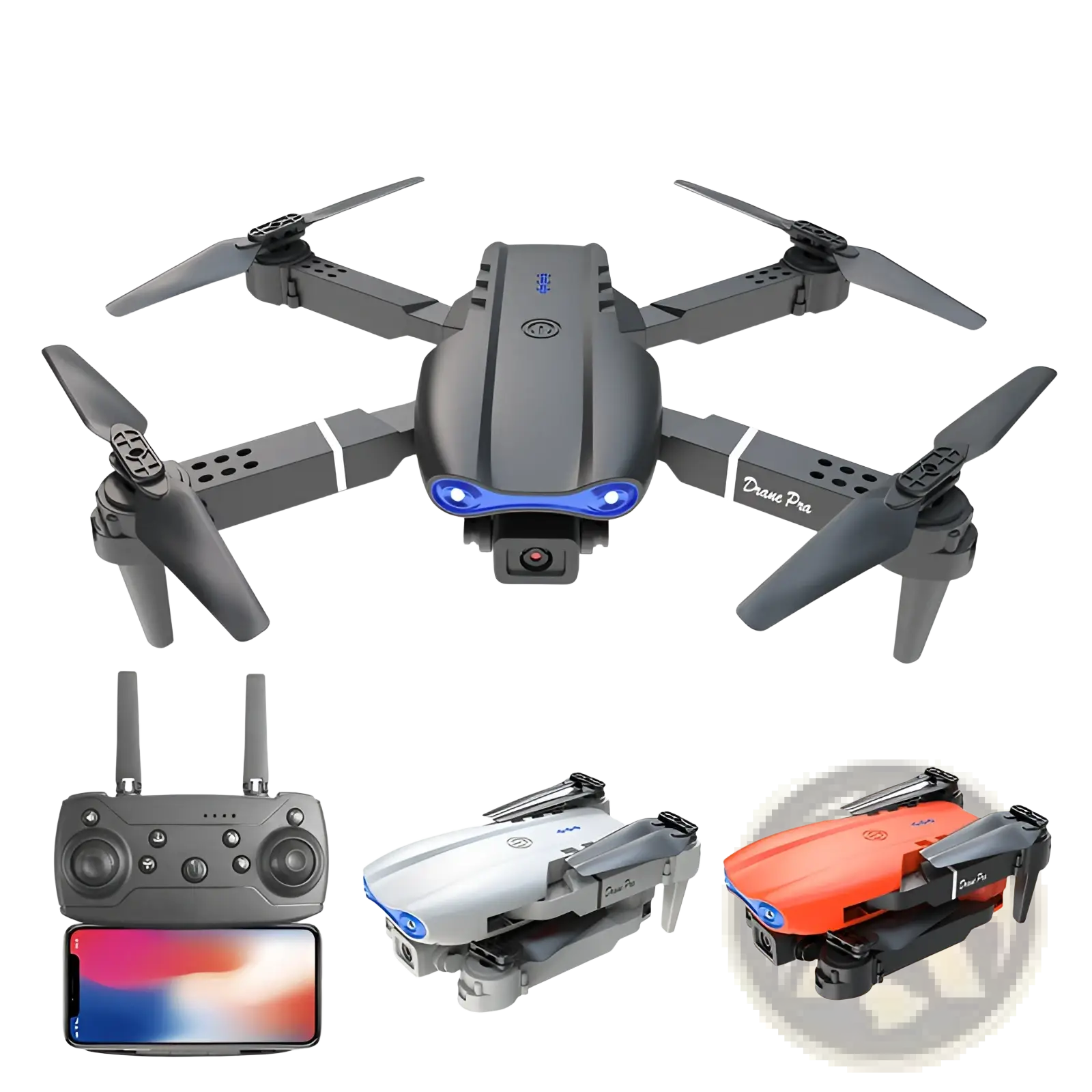 E99 pro dual camera foldable drone with led lights in black and gray featuring blue leds and dual cameras visible from the back