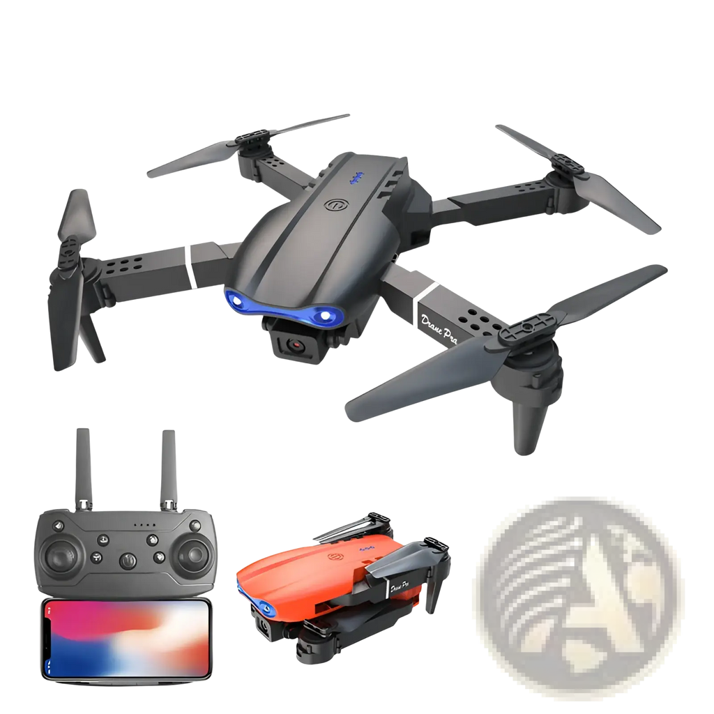 E99 Pro dual camera foldable drone in black and orange with blue led lights for aerial photography