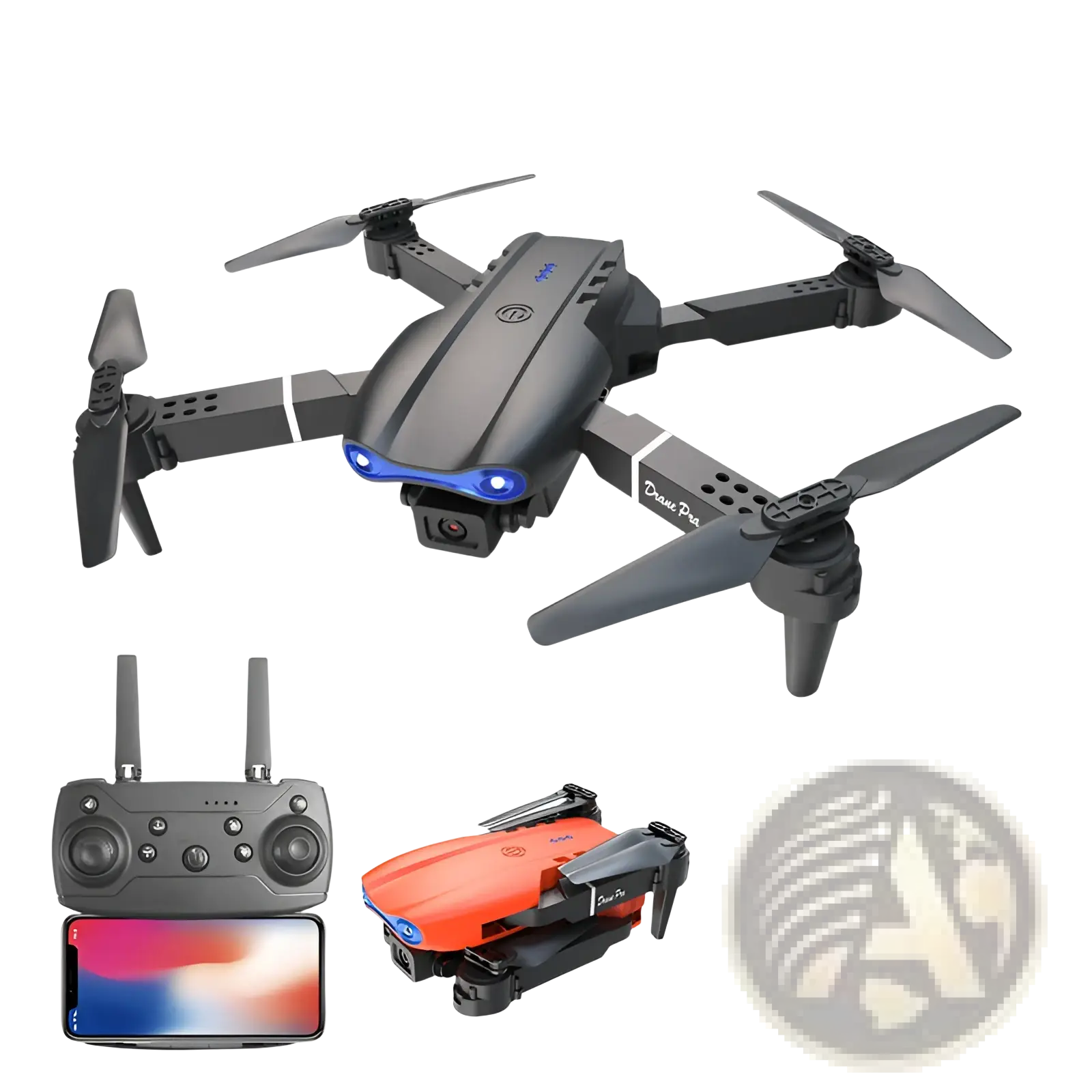 E99 Pro dual camera foldable drone in black and orange with blue led lights for aerial photography