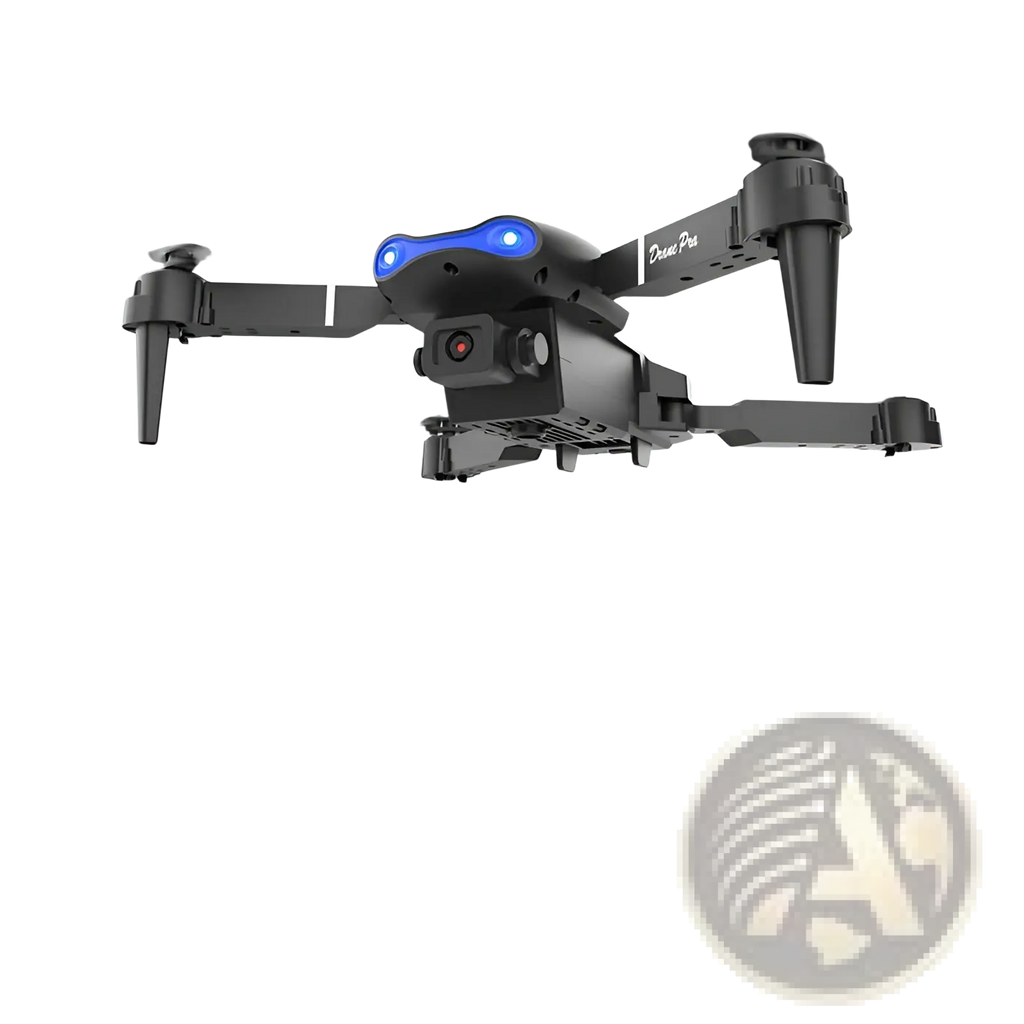 Black e99 pro dual camera foldable drone with blue led lights on front and camera mounted below