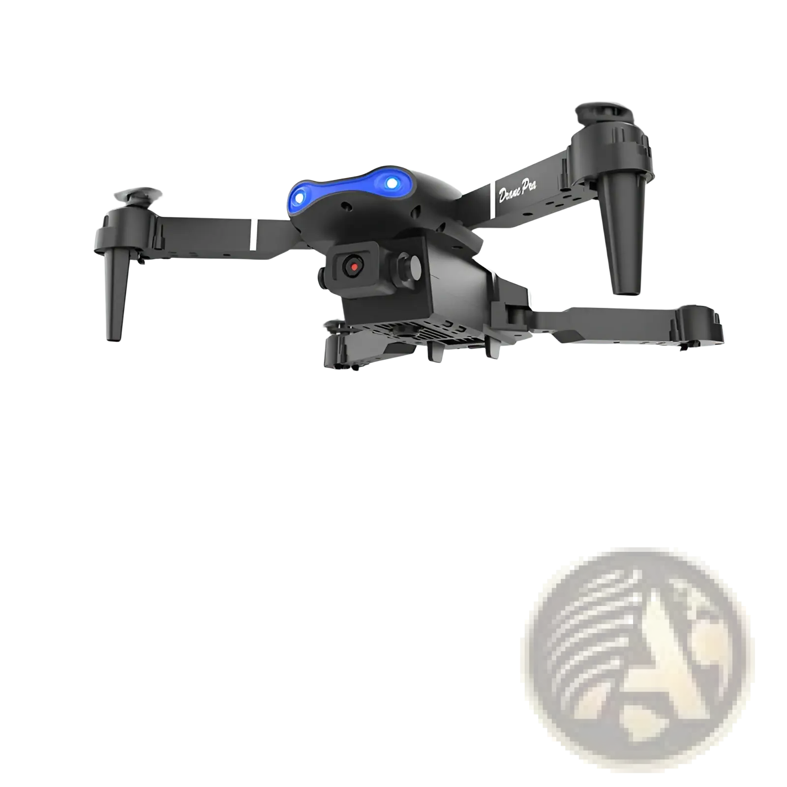 Black e99 pro dual camera foldable drone with blue led lights on front and camera mounted below
