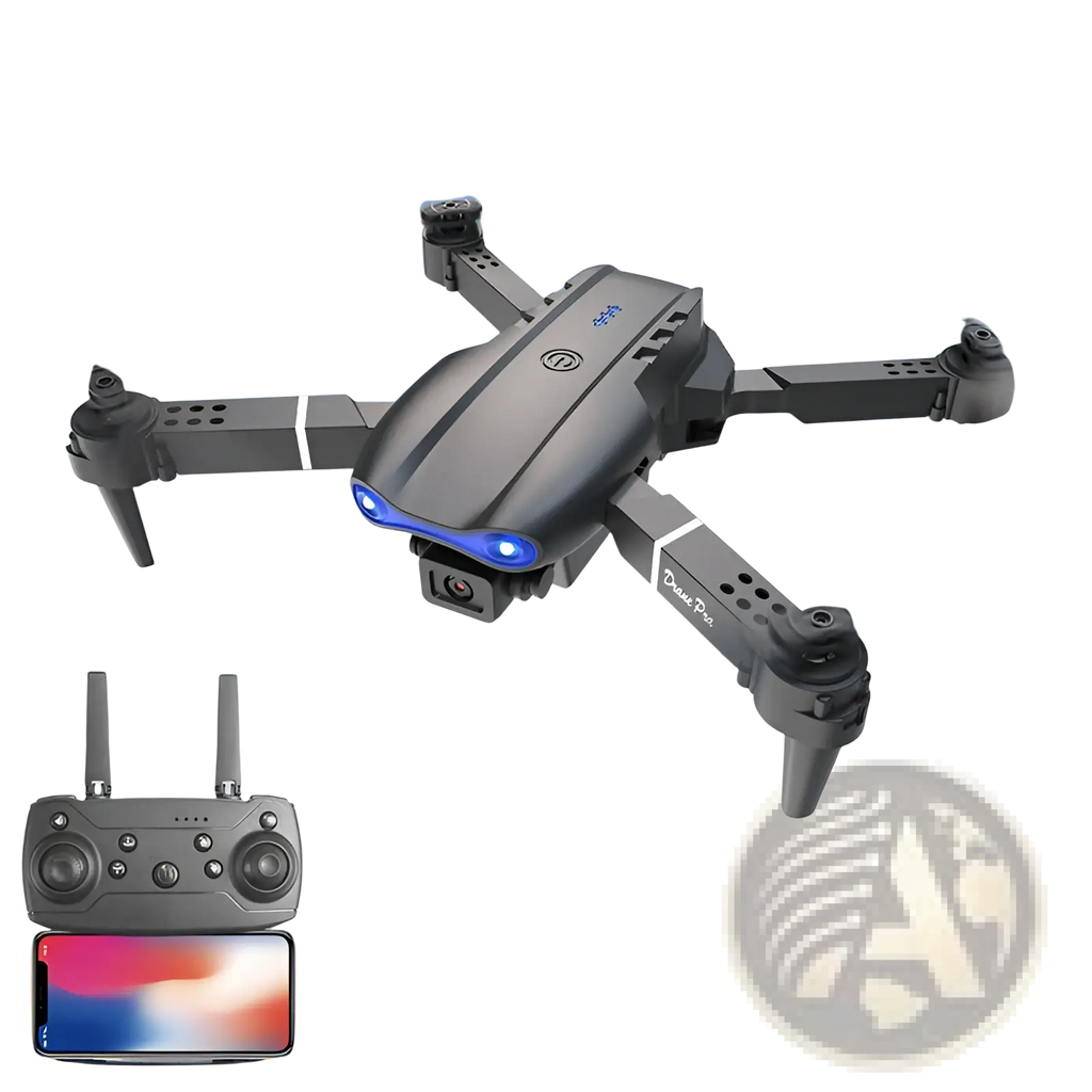 Black foldable e99 pro drone with dual cameras and blue led lights shown from the back side
