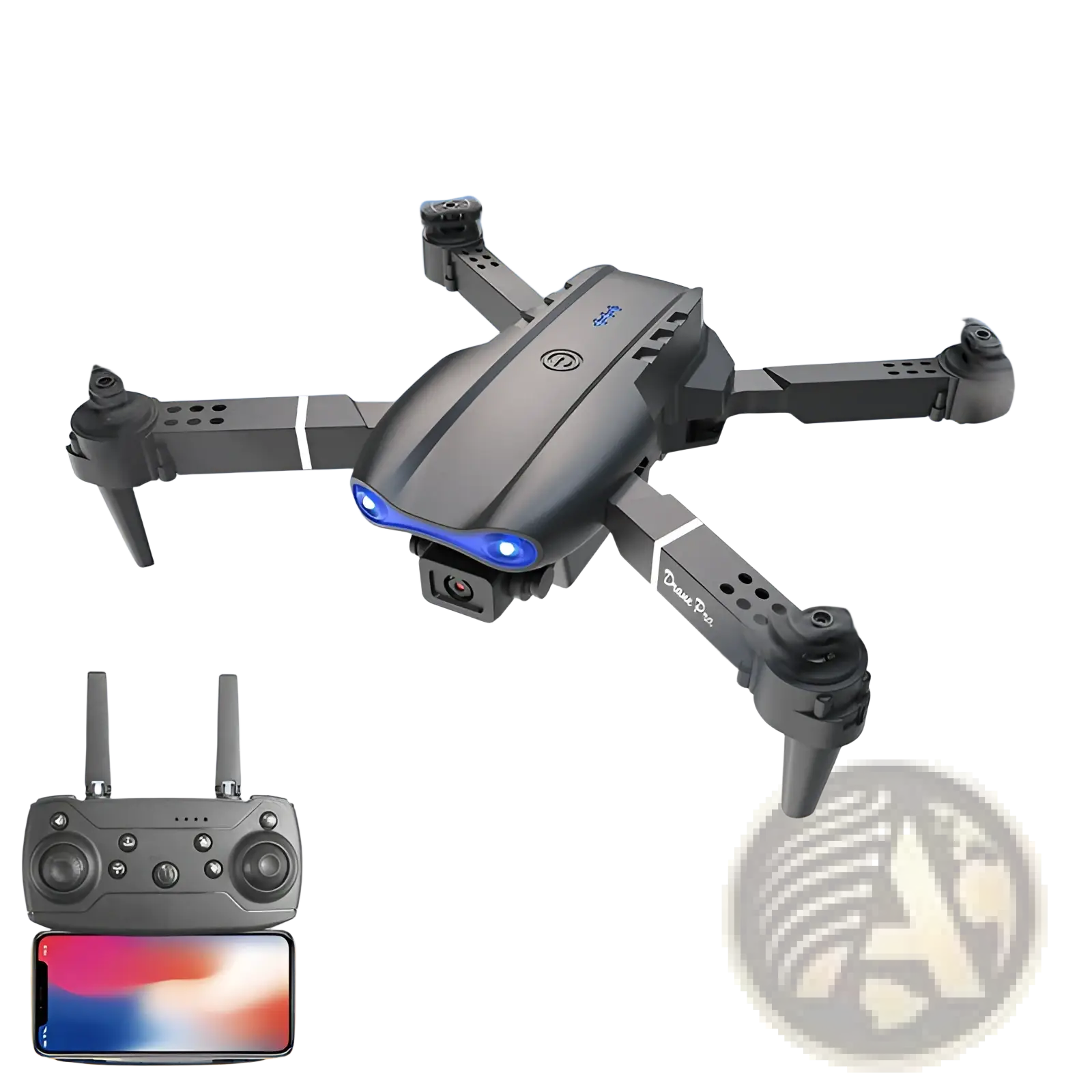 Black foldable e99 pro drone with dual cameras and blue led lights shown from the back side
