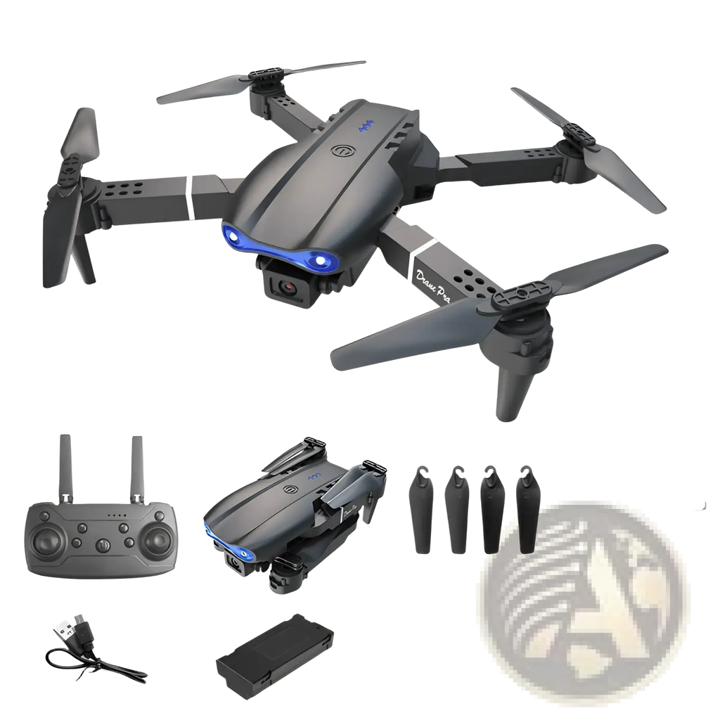 E99 Pro dual camera foldable drone in black matte finish with blue LED lights and front camera