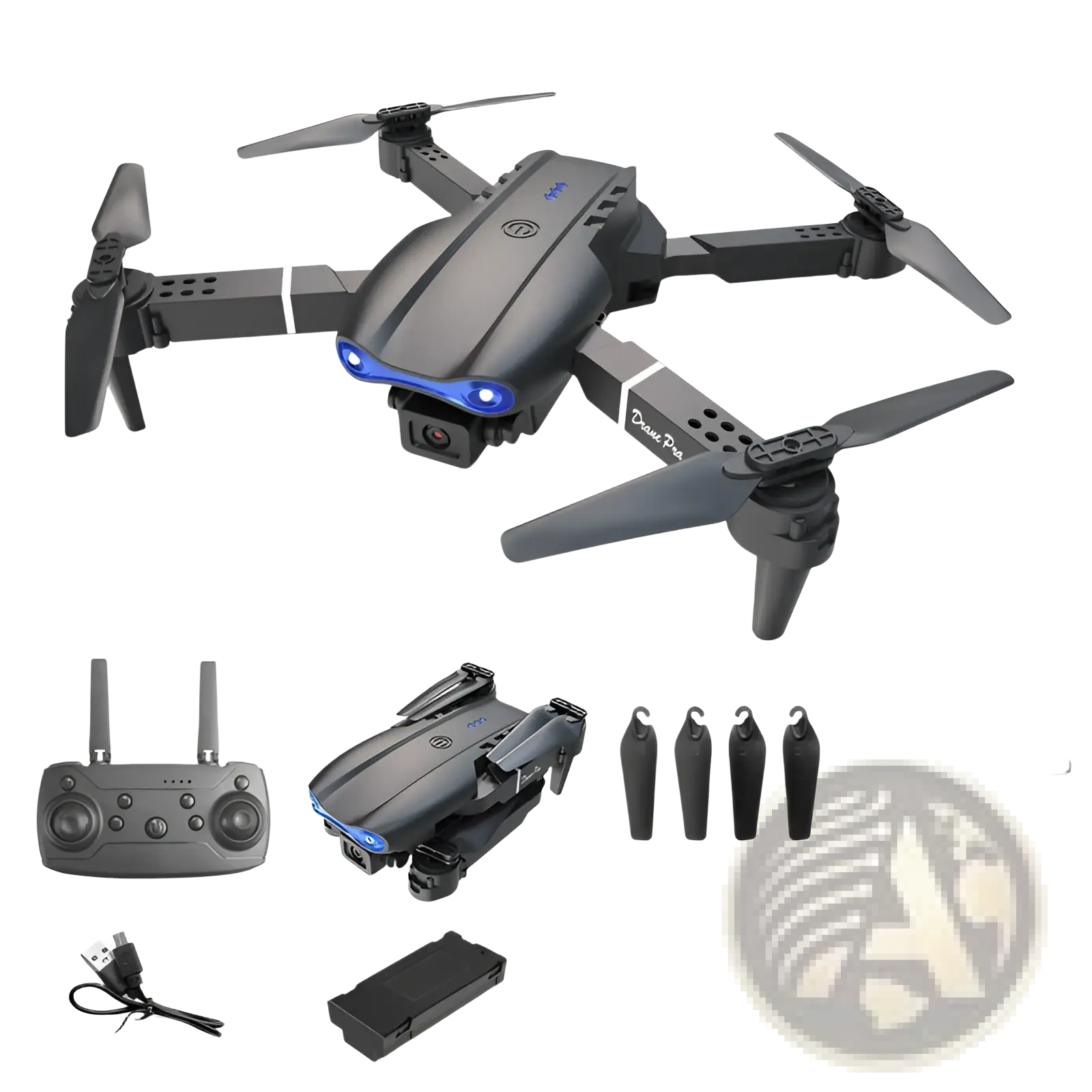E99 Pro dual camera foldable drone in black matte finish with blue LED lights and front camera