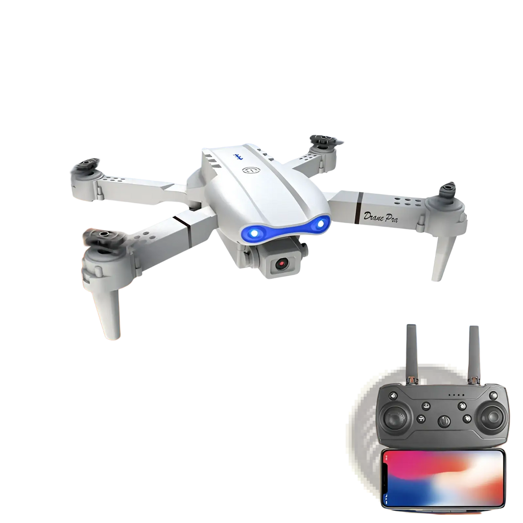 White folding E99 Pro drone with blue led lights and dual cameras designed for advanced aerial photography