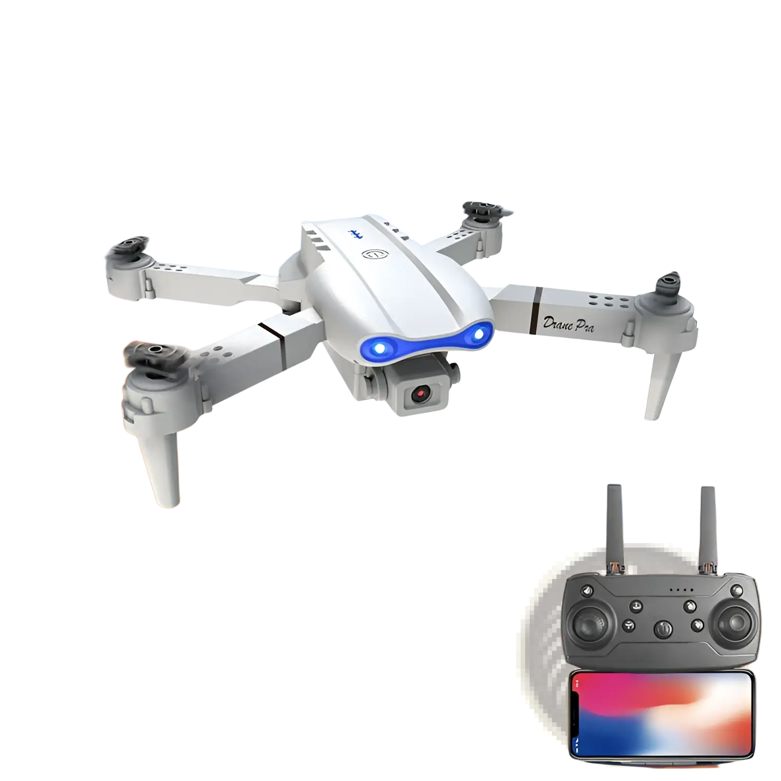 White folding E99 Pro drone with blue led lights and dual cameras designed for advanced aerial photography