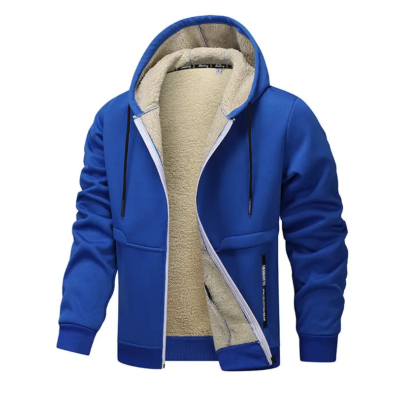Herren-Schwergewicht-Sherpa-Fleecepullover mit Reißverschluss, innen mit Sherpa gefüttert, in blau mit plüschigem beigem Sherpa-Futter und schwarzen Kordeln.