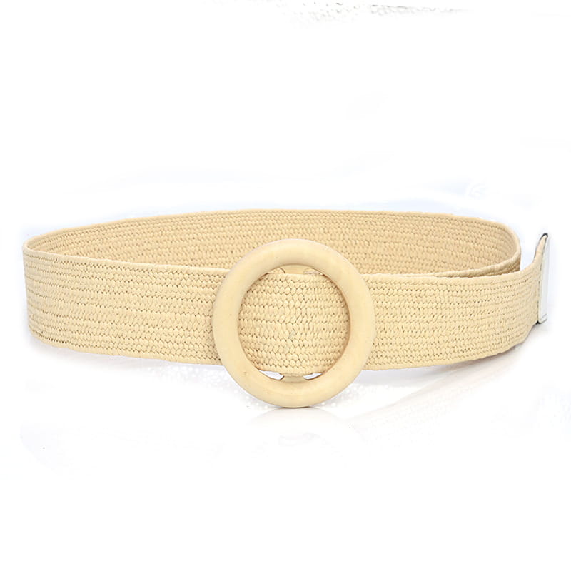 Beige woven elastic belt with a matching round buckle made of durable fabric.