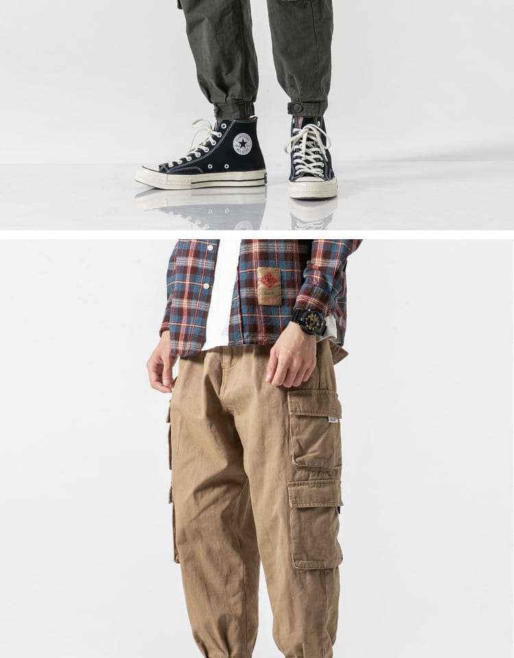 Pantalones cargo militares japoneses casuales color caqui, de tiro cónico, con múltiples bolsillos y un ajuste relajado.