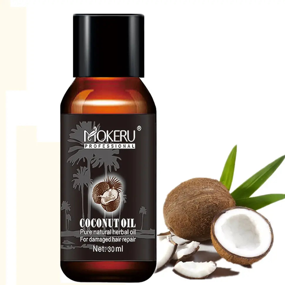 Sérum reparador de aceite de coco Mokeru Professional en un frasco de vidrio ámbar oscuro con tapa negra, diseñado para reparar el frizz y el daño en el cabello de 30 ml.