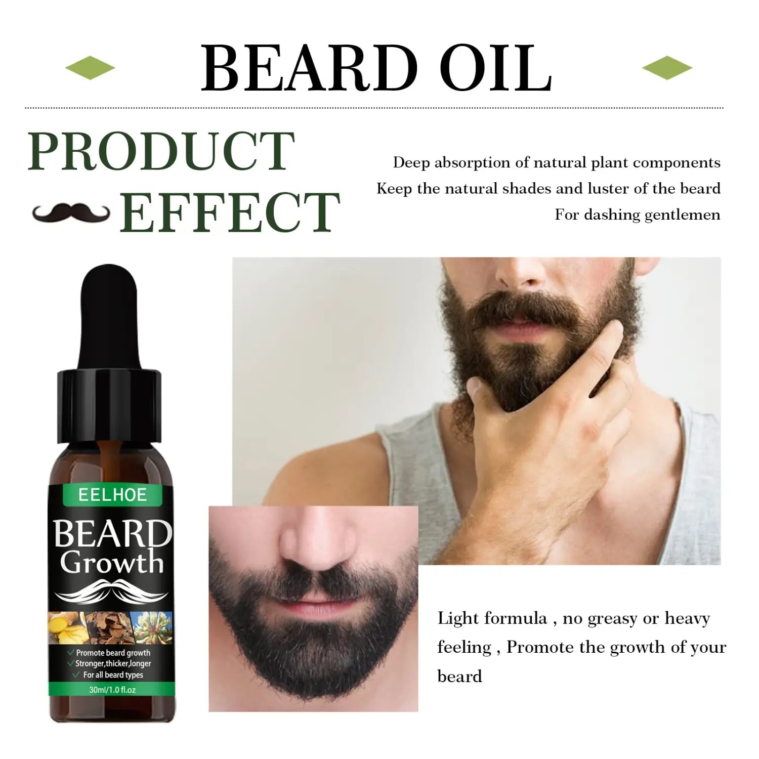 Un frasco de vidrio color ámbar oscuro de suero para el crecimiento de la barba eelhoe, con tapa cuentagotas negra y etiqueta verde que resalta su fórmula natural a base de plantas, parte de un kit de dermaroller de 40 ml.