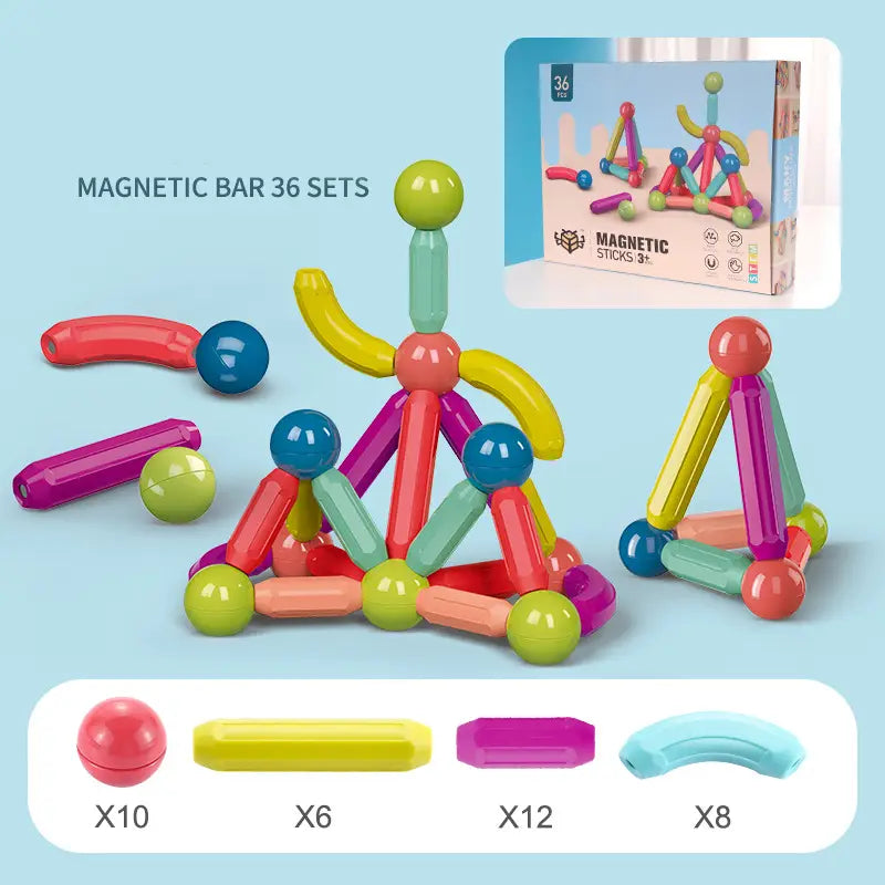 Conjunto de bloques magnéticos de construcción coloridos y vibrantes para niños que incluye formas y tamaños variados hechos de varillas magnéticas resistentes.