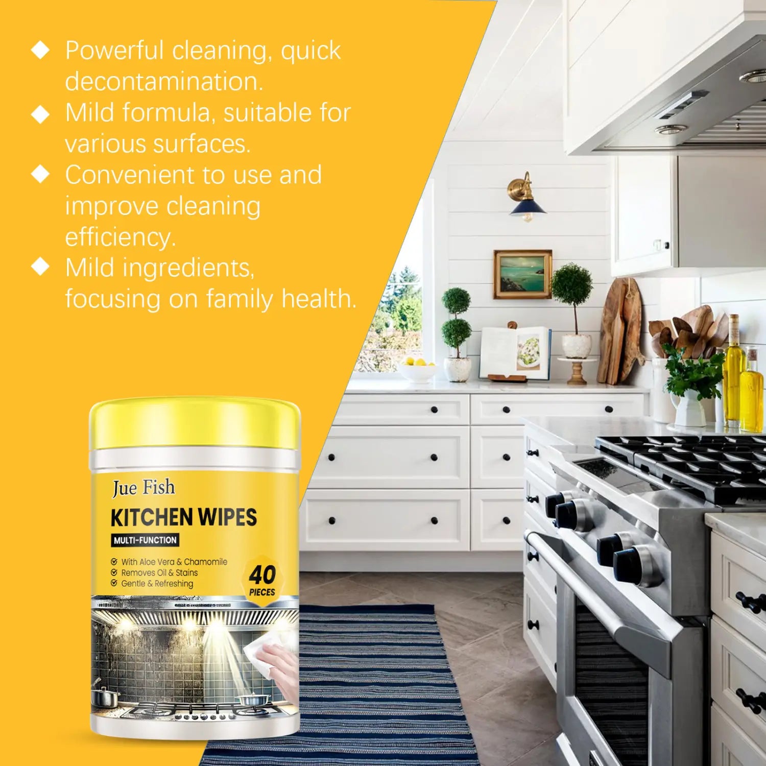 récipient cylindrique jaune pour lingettes de nettoyage pour cuisine multifonctions Jue Fish, avec une bande argentée et un texte noir, contenant 40 pièces pour le dégraissage multi-usage.