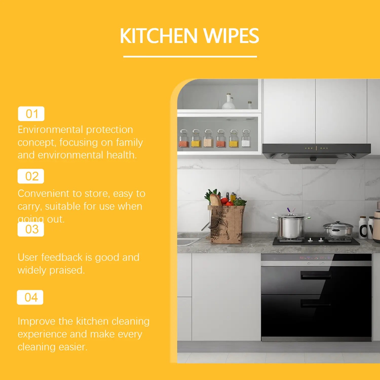 lingettes de nettoyage pour cuisine blanches dans un emballage refermable avec une fenêtre transparente indiquant 40 lingettes dégraissantes multi-usages.
