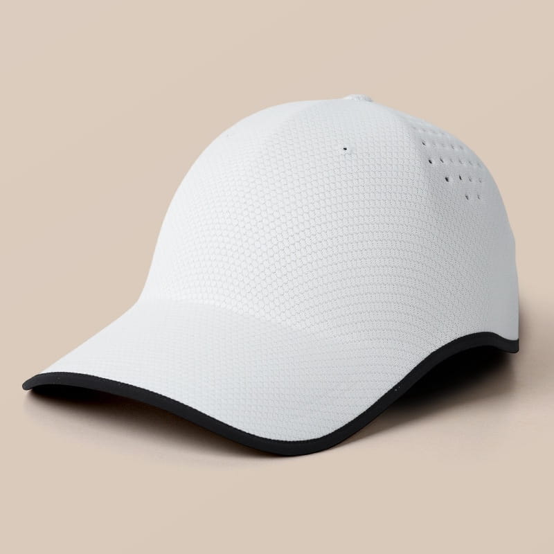 Breathable mesh baseball cap for men in white with black trim featuring perforated mesh panels for enhanced breathability.