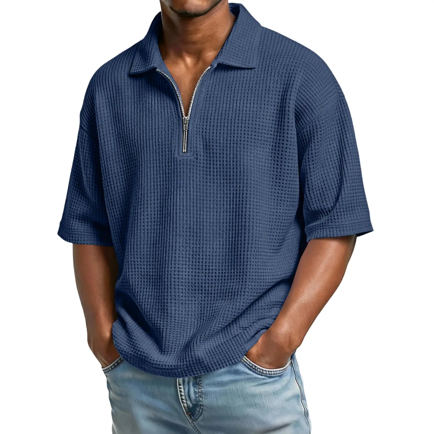 Navy blue waffle knit half zip short sleeve polo shirt for men featuring a textured knit fabric and a front half-zip closure.