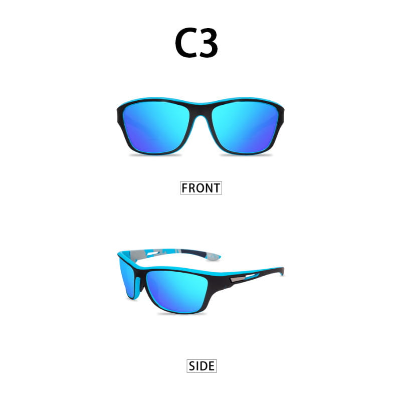 Polarisierte ovale Tarnung und verspiegelte Sportsonnenbrille für Herren mit blauen verspiegelten Gläsern, schwarzem Rahmen und türkisfarbenen Akzenten an den Schläfen